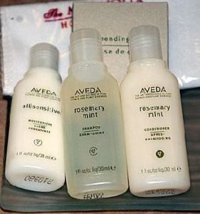 Example of how to reuse hotel toiletries in a carry-on toiletry bag